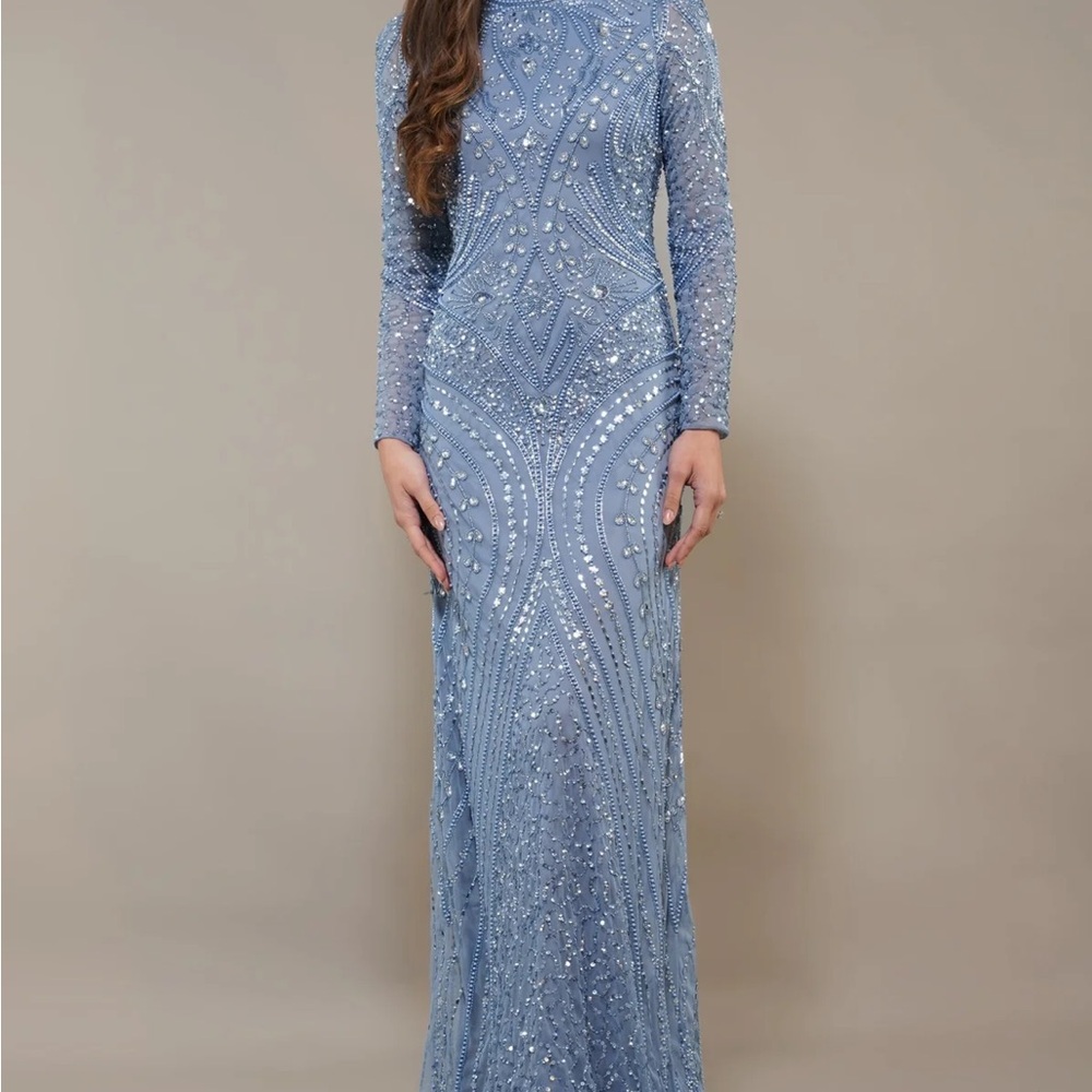Lace and Beads Long Sleeve Blue Beaded Dress/Gown (maternity friendly)